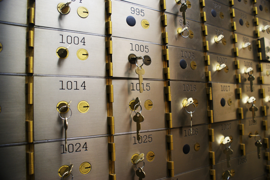 Safe deposit boxes inside of a bank vault